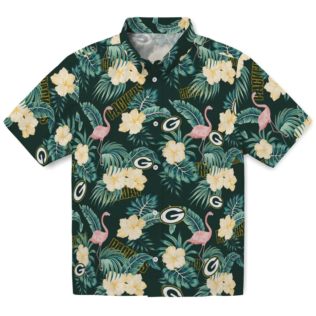 Green Bay Packers Hawaiian Shirt - Flamingo and Hibiscus | Moonbestprint