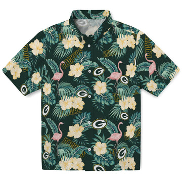 Green Bay Packers Hawaiian Shirt - Flamingo and Hibiscus | Moonbestprint