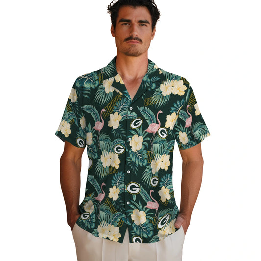 Green Bay Packers Hawaiian Shirt - Flamingo and Hibiscus | Moonbestprint