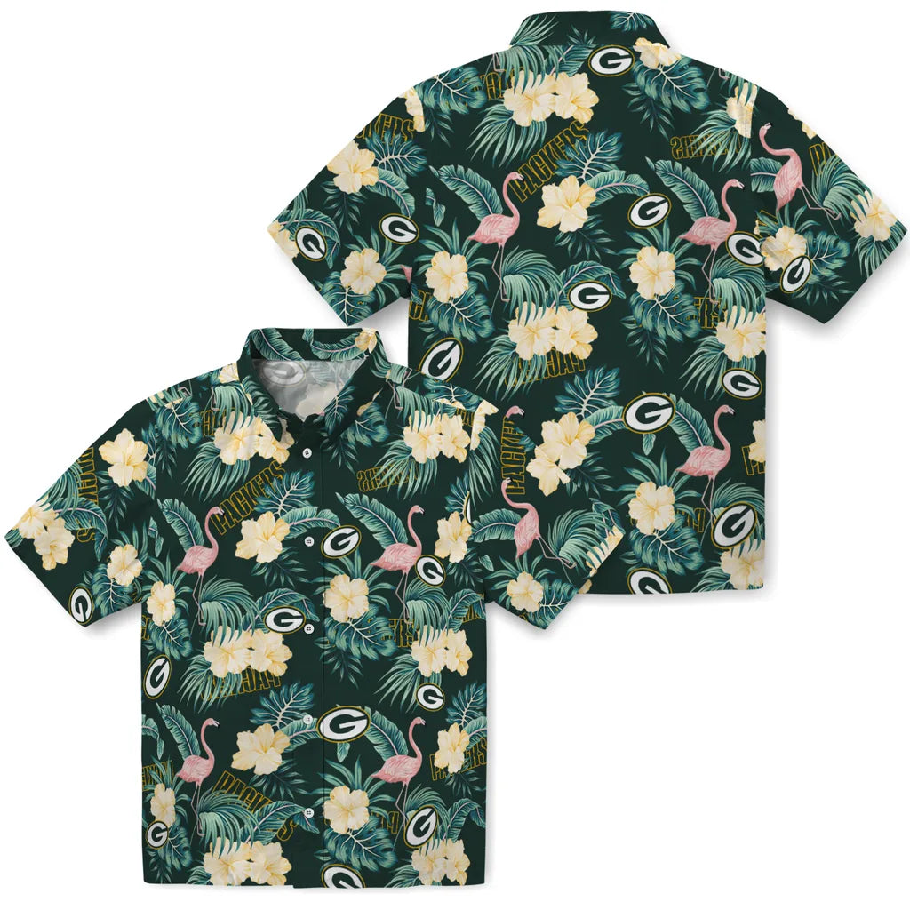 Green Bay Packers Hawaiian Shirt - Flamingo and Hibiscus | Moonbestprint