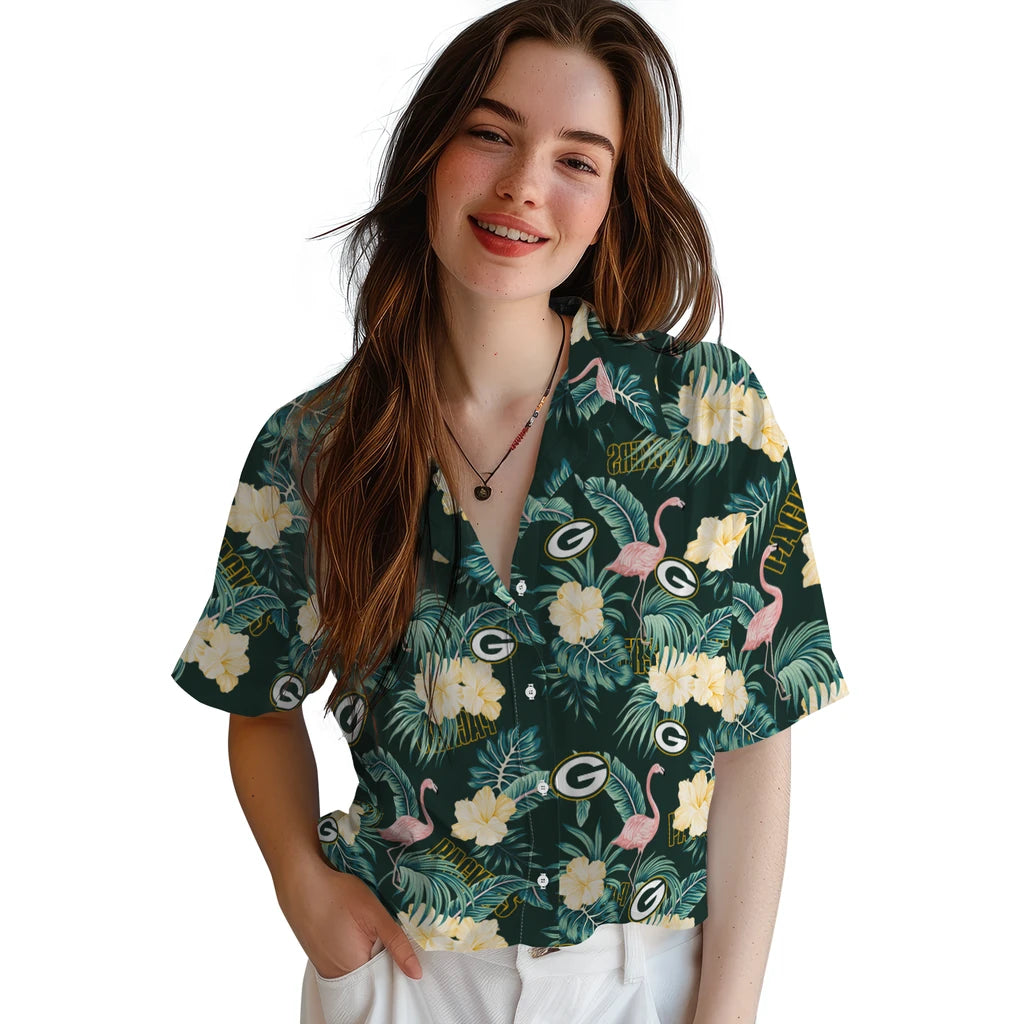 Green Bay Packers Hawaiian Shirt - Flamingo and Hibiscus | Moonbestprint