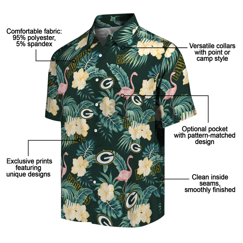 Green Bay Packers Hawaiian Shirt - Flamingo and Hibiscus | Moonbestprint