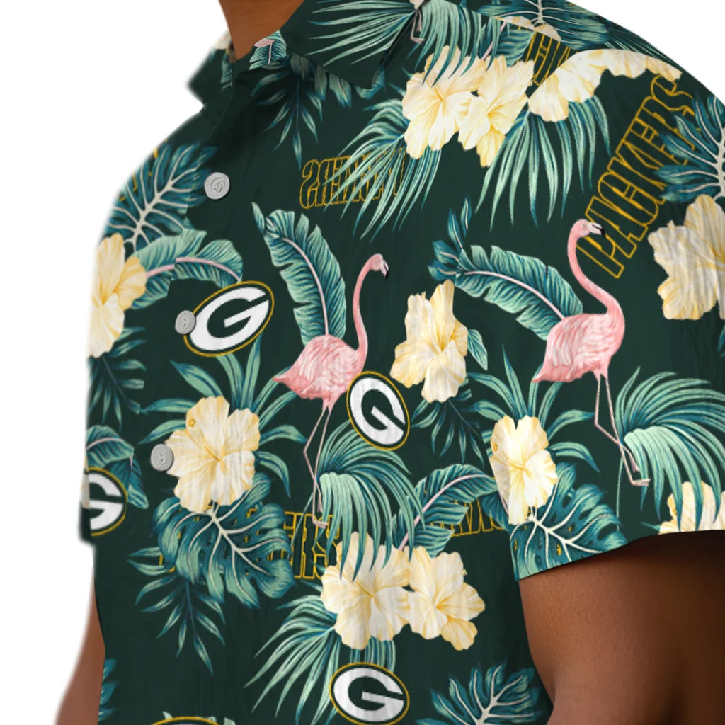 Green Bay Packers Hawaiian Shirt - Flamingo and Hibiscus | Moonbestprint