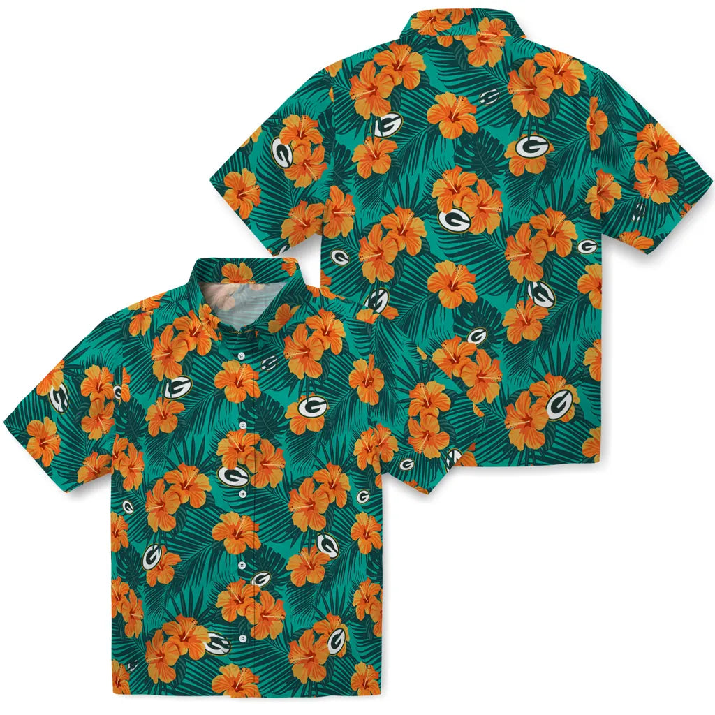 Green Bay Packers Hawaiian Shirt - Hibiscus and Palm Leaves | Moonbestprint