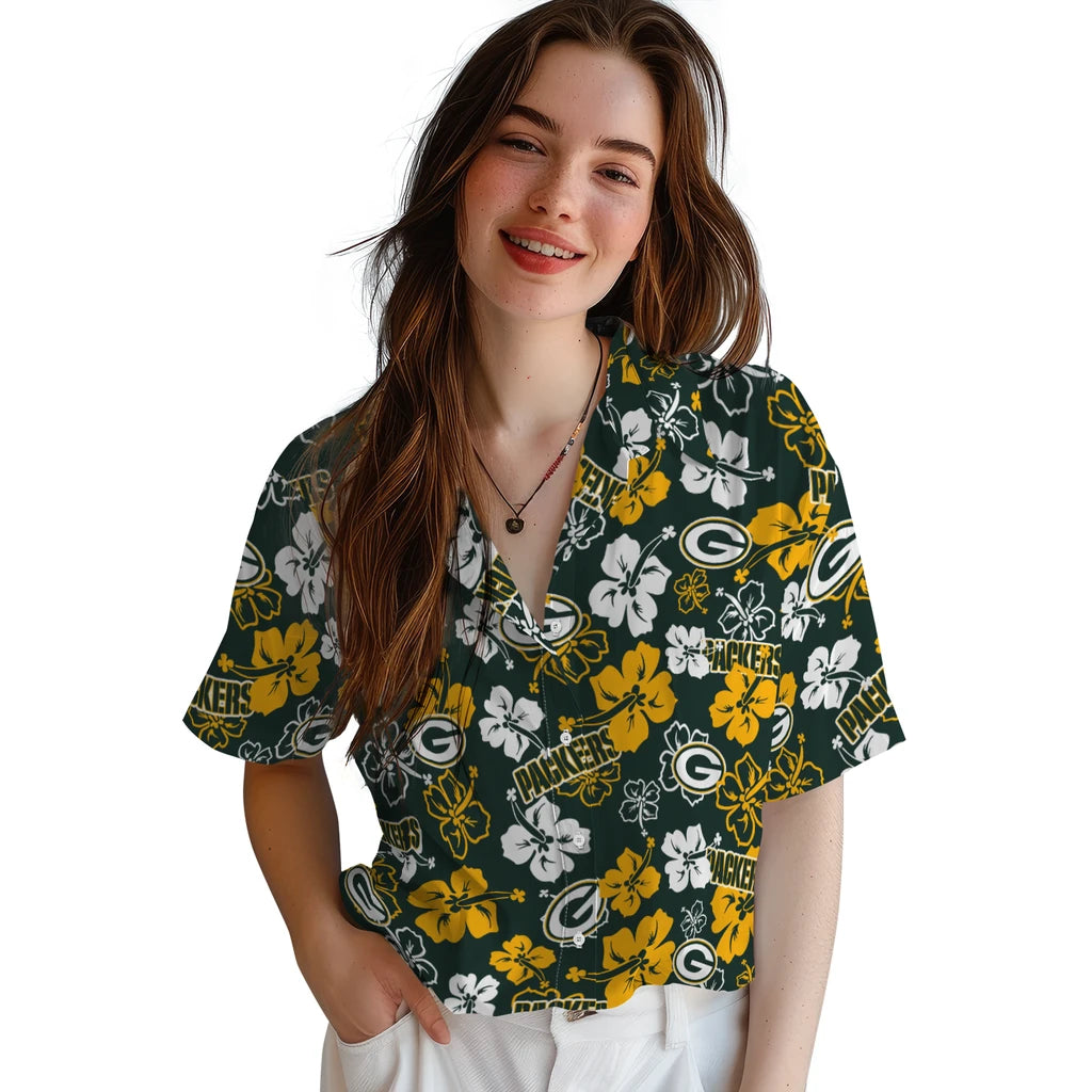 Green Bay Packers Hawaiian Shirt - Hibiscus Flower Design | Moonbestprint