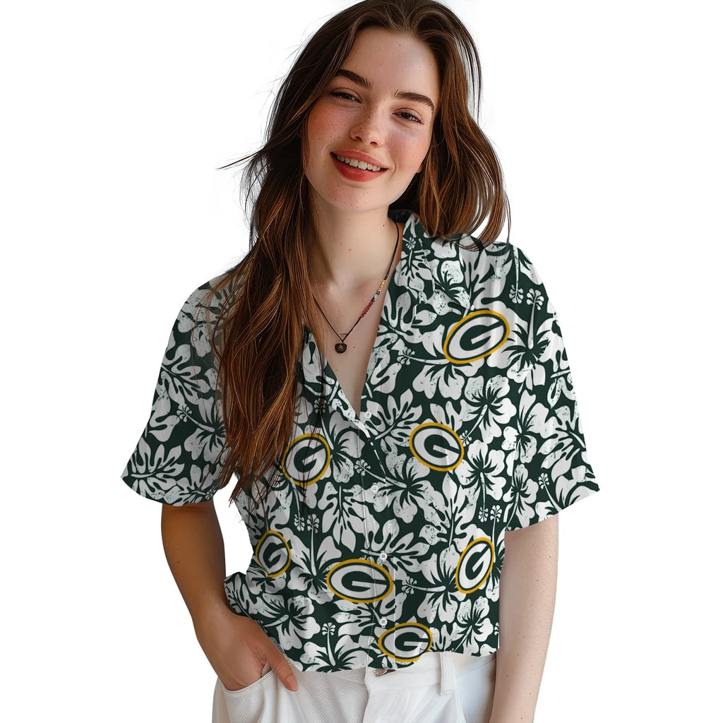 Green Bay Packers Hawaiian Shirt - Hibiscus Motif | Moonbestprint