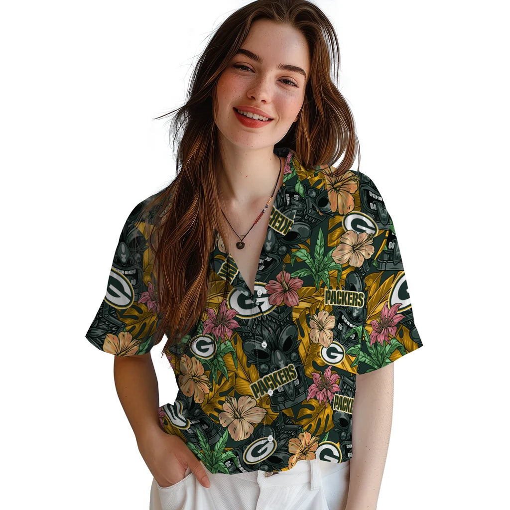 Green Bay Packers Hawaiian Shirt - Hibiscus Tiki Jungle | Moonbestprint