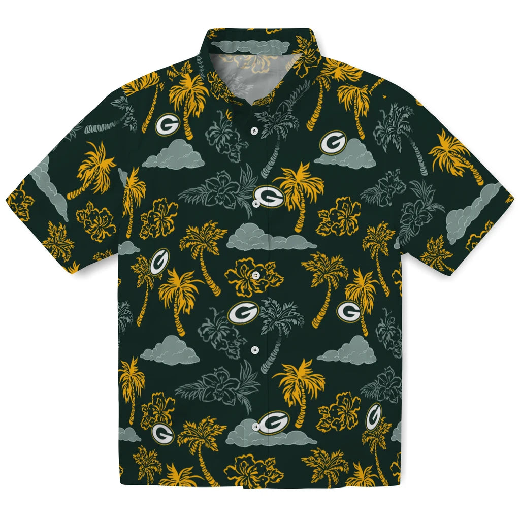 Green Bay Packers Hawaiian Shirt - Palm And Clouds | Moonbestprint