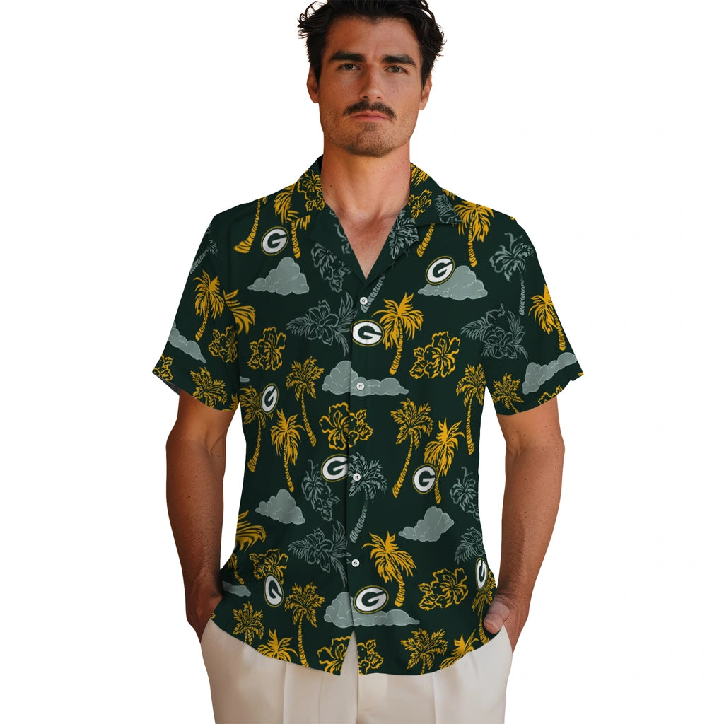 Green Bay Packers Hawaiian Shirt - Palm And Clouds | Moonbestprint
