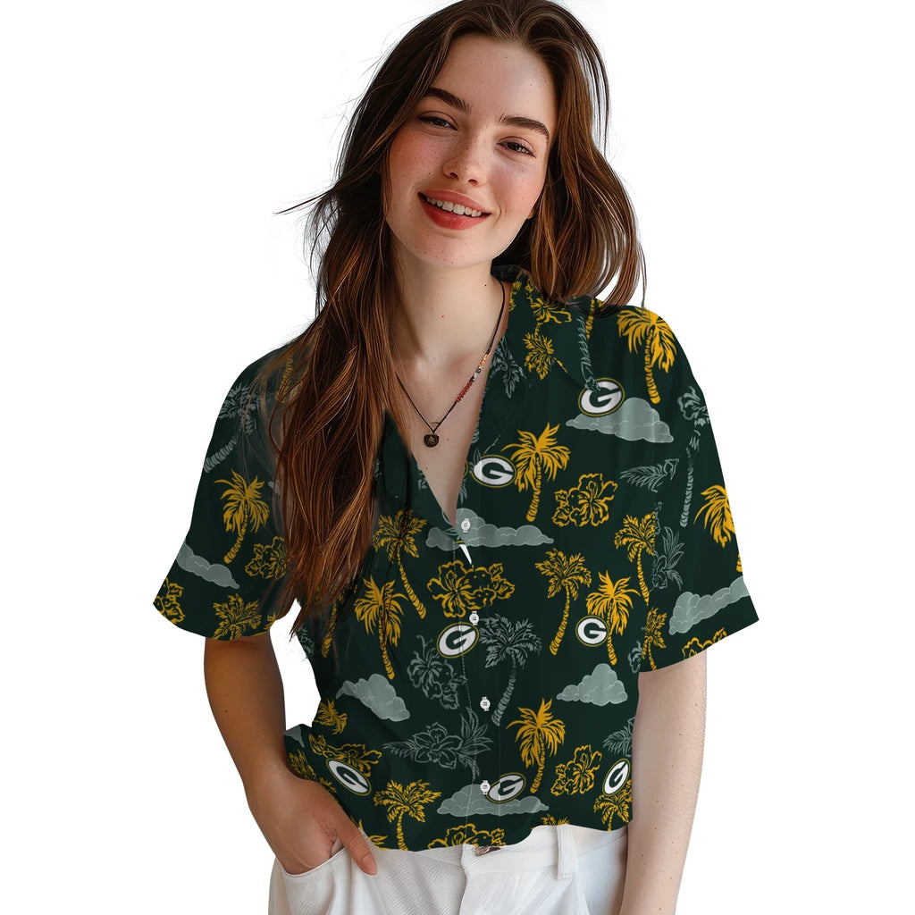 Green Bay Packers Hawaiian Shirt - Palm And Clouds | Moonbestprint