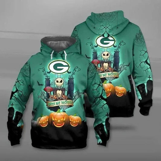 Green Bay Packers Jack Skellington Halloween NFL 3D All Over Print Hoodie -Moonbestprint
