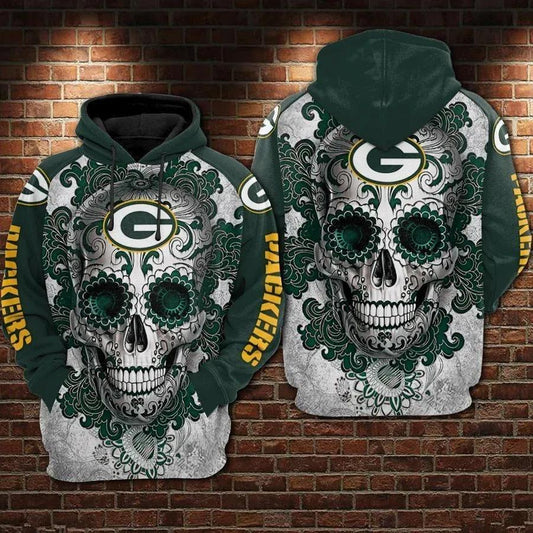 Green Bay Packers Skull Flower NFL 3D All Over Print Hoodie -Moonbestprint