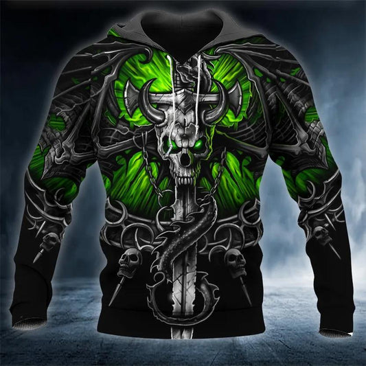 Green Eyes Ox Horn Skull 3D All Over Print Hoodie -Moonbestprint