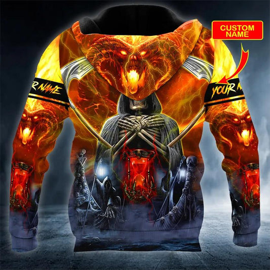 Grim Reaper On Fire Skull Custom 3D All Over Print Hoodie -Moonbestprint
