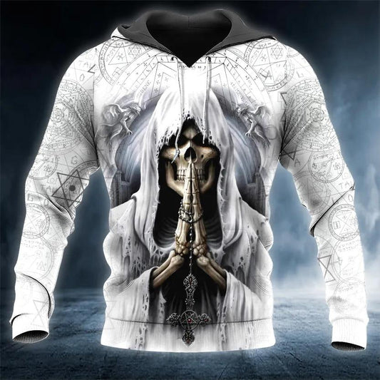 Grim Reaper Pray Skull White 3D All Over Print Hoodie -Moonbestprint