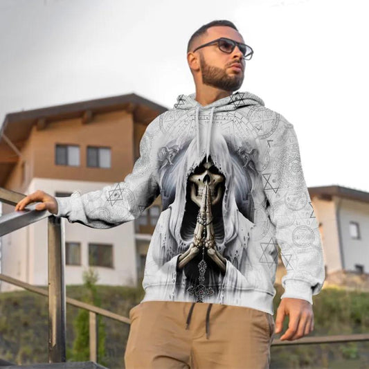 Grim Reaper Pray Skull White 3D All Over Print Hoodie -Moonbestprint