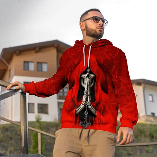 Grim Reaper Red Pray Skull 3D All Over Print Hoodie -Moonbestprint