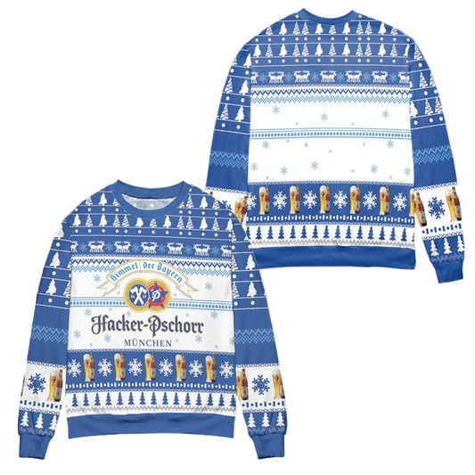 Hacker-Pschorr Brewery Pine Tree Pattern Ugly Christmas Sweater ? Blue White ? Usalast