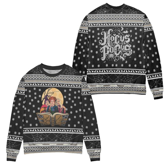 Hocus Pocus Spider Web Snowflake Pattern Ugly Christmas Sweater ? Black ? Usalast