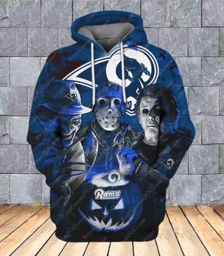 Horror Los Angeles Rams Jason Voorhees Freddy Krueger Michael Myers Halloween NFL 3D All Over Print Hoodie -Moonbestprint