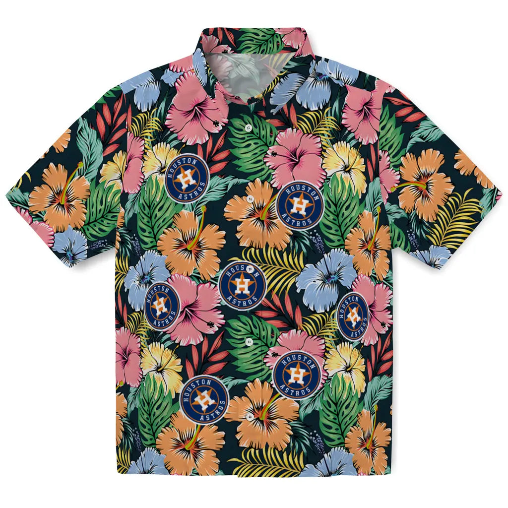 Houston Astros Hawaiian Shirt - Brilliant Hibiscus Garden | Moonbestprint