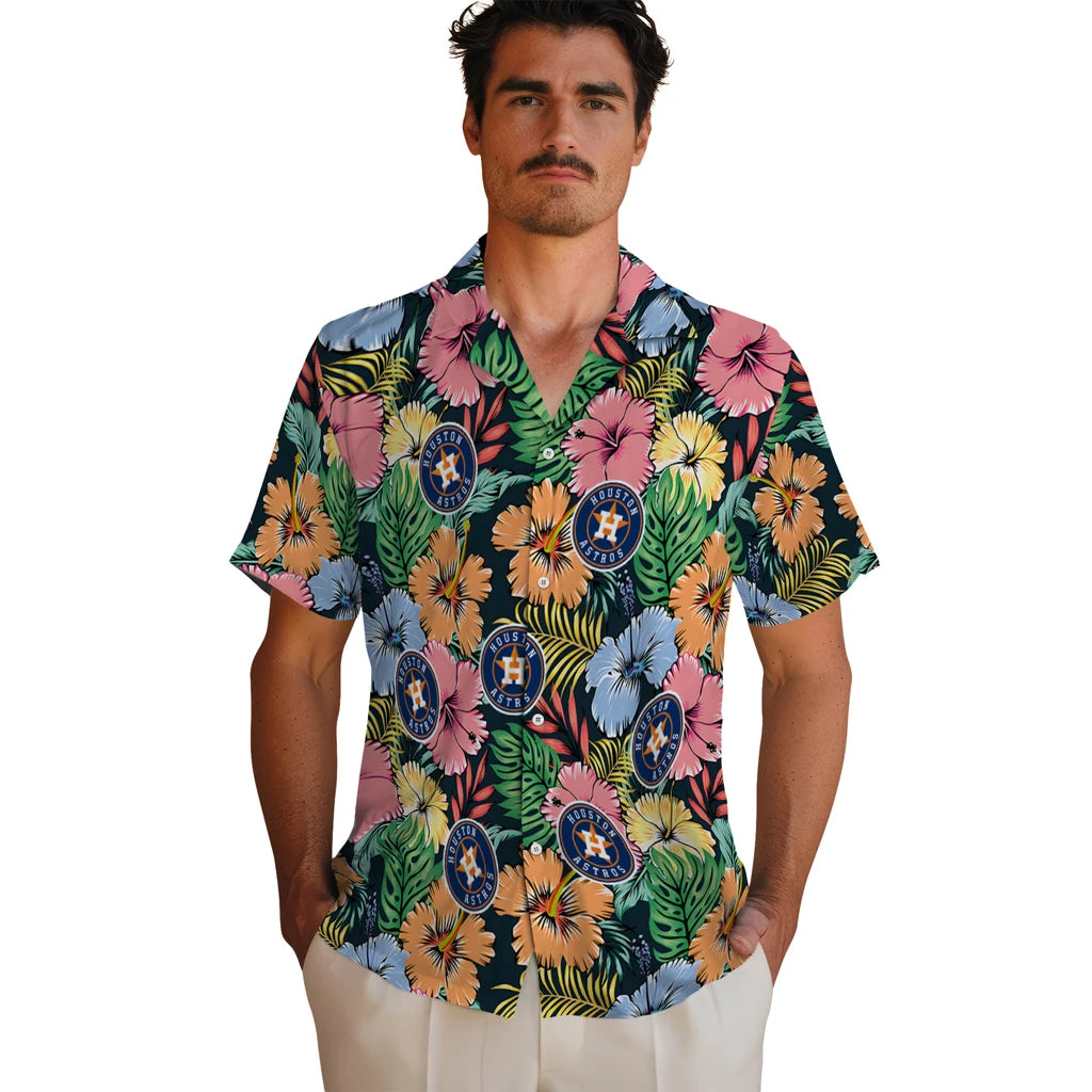 Houston Astros Hawaiian Shirt - Brilliant Hibiscus Garden | Moonbestprint