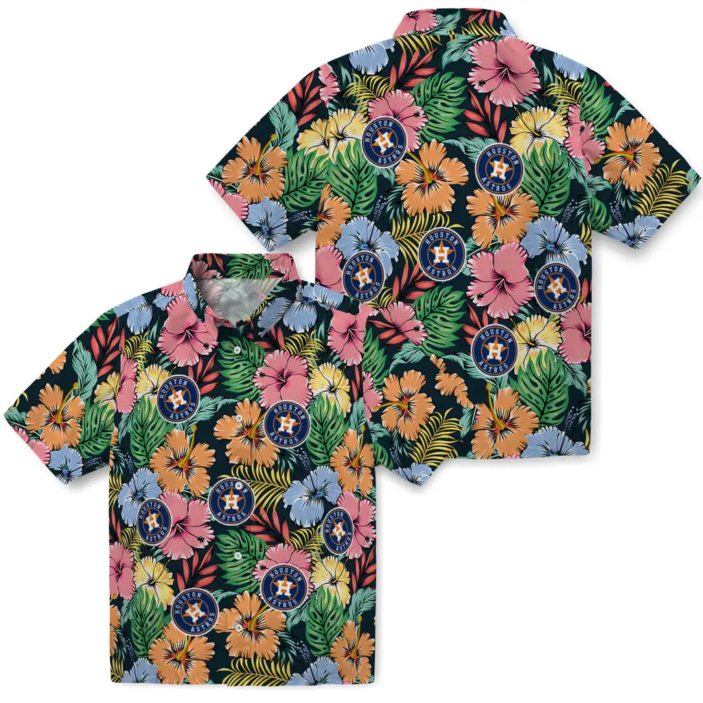 Houston Astros Hawaiian Shirt - Brilliant Hibiscus Garden | Moonbestprint