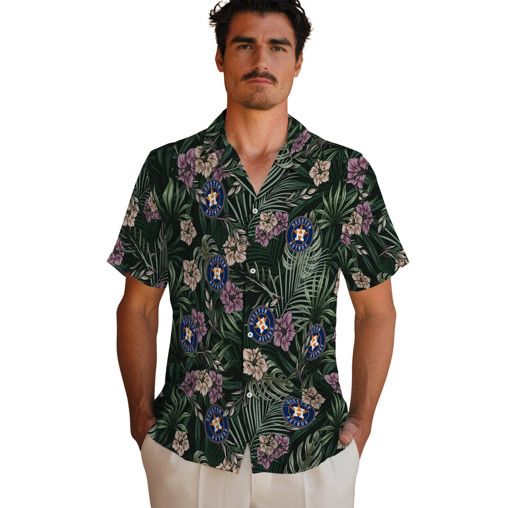 Houston Astros Hawaiian Shirt - Hibiscus Leaves Pattern | Moonbestprint