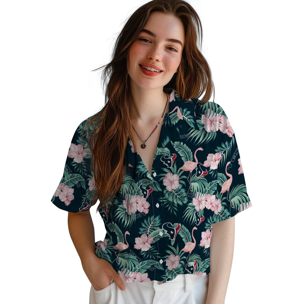 Houston Texans Hawaiian Shirt - Flamingo and Hibiscus | Moonbestprint