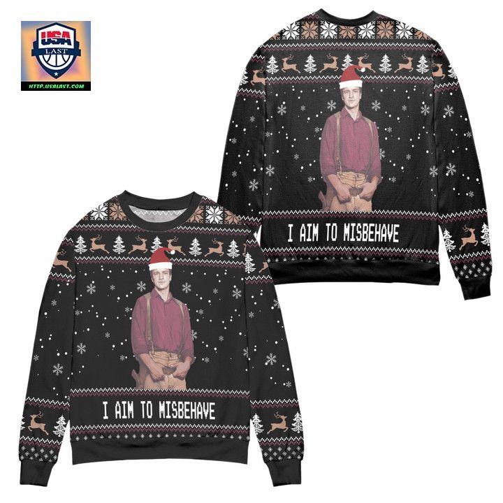 I Aim to Misbehave Survay Says Snowflake Reindeer Pattern Ugly Christmas Sweater ? Black ? Usalast