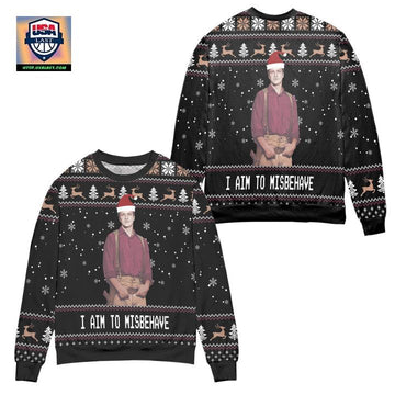 I Aim to Misbehave Survay Says Snowflake Reindeer Pattern Ugly Christmas Sweater ? Black ? Usalast