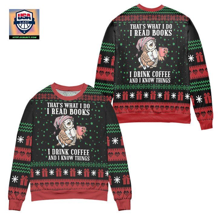 I Read Books And I Know Things Owl Snowflake Pattern Ugly Christmas Sweater ? Black Red ? Usalast