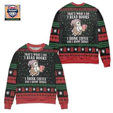 I Read Books And I Know Things Owl Snowflake Pattern Ugly Christmas Sweater ? Black Red ? Usalast