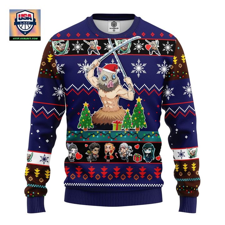 Inosuke Hashibira Demon Slayer Anime Ugly Christmas Sweater Blue 1 Amazing Gift Idea Thanksgiving Gift ? Usalast