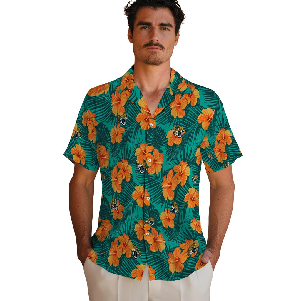 Jacksonville Jaguars Hawaiian Shirt - Hibiscus and Palm Leaves | Moonbestprint