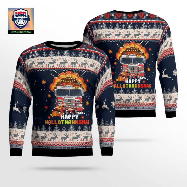 Jersey City Fire Truck Happy Hallothanksmas Christmas Ugly Sweater ? Usalast