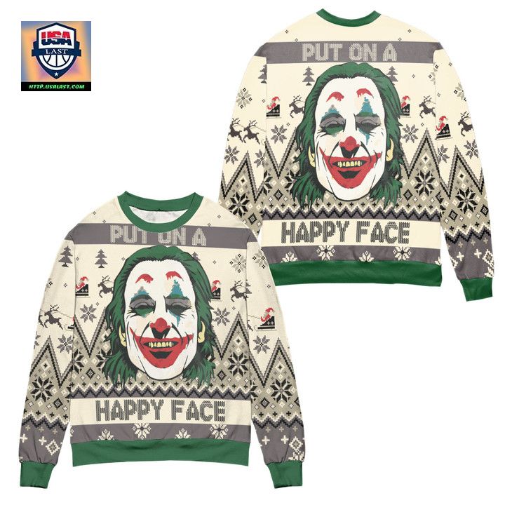 Joker Put On A Happy Face Reindeer Pine Tree Pattern Ugly Christmas Sweater ? Usalast