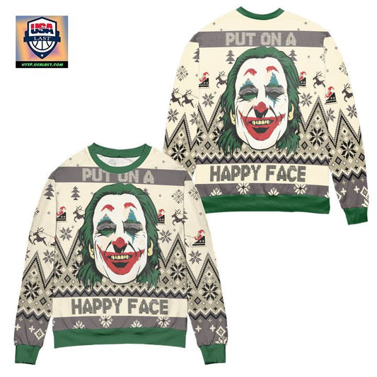 Joker Put On A Happy Face Reindeer Pine Tree Pattern Ugly Christmas Sweater ? Usalast