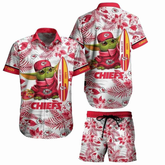 Kansas City Chiefs Baby Yoda Surfing Graphic Hawaiian Shirt - Unisex - Moonbestprint