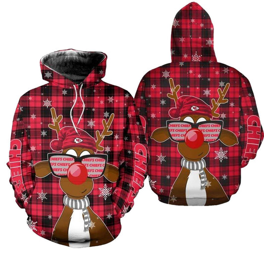Kansas City Chiefs Christmas Reindeer Sunglasses Graphic Hoodie Unisex Holiday Gift - Moonbestprint