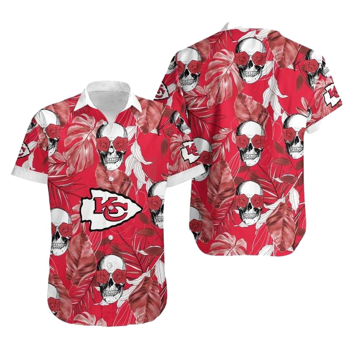 Kansas City Chiefs Graphic Unisex Hawaiian Shirt With Rose Skull & Palm Leaves - Moonbestprint