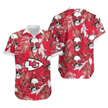 Kansas City Chiefs Graphic Unisex Hawaiian Shirt With Rose Skull & Palm Leaves - Moonbestprint