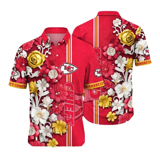 Kansas City Chiefs Floral Hawaiian Shirt Unisex Summer Football Tee - Moonbestprint