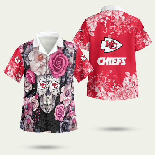 Kansas City Chiefs Skull Flowers Hawaiian Shirt Unisex Graphic Tee - Moonbestprint