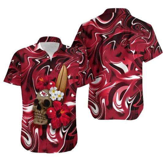 Kansas City Chiefs Skull Flower Graphic Hawaiian Shirt Unisex Aloha Tee - Moonbestprint