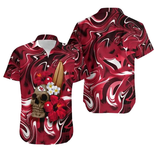 Kansas City Chiefs Skull Flower Graphic Hawaiian Shirt Unisex Aloha Tee - Moonbestprint