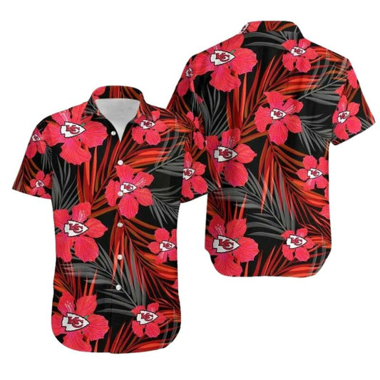 Kansas City Chiefs Red Hibiscus Palm Leaves Graphic Hawaiian Shirt - Unisex - Moonbestprint