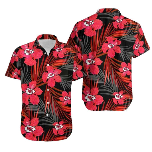 Kansas City Chiefs Red Hibiscus Palm Leaves Graphic Hawaiian Shirt - Unisex - Moonbestprint