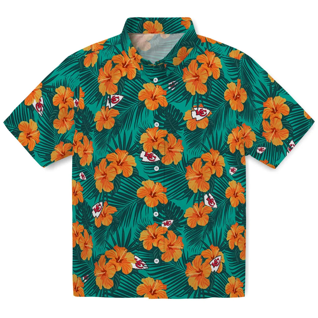 Kansas City Chiefs Hawaiian Shirt - Hibiscus and Palm Leaves | Moonbestprint