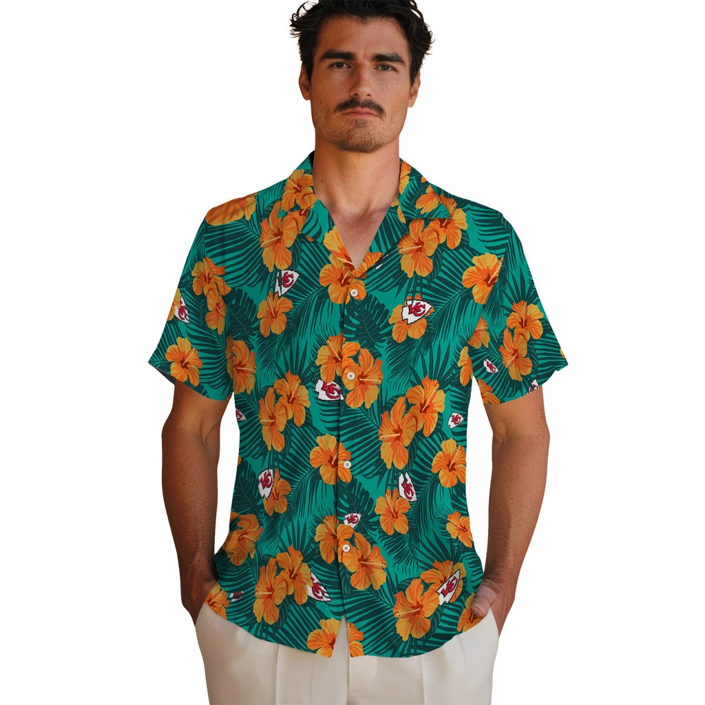 Kansas City Chiefs Hawaiian Shirt - Hibiscus and Palm Leaves | Moonbestprint